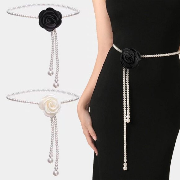 2/$30 Pearl Beaded Black Flower Accent Tassel Belt Waist Chain Dress Accessories - Picture 1 of 6